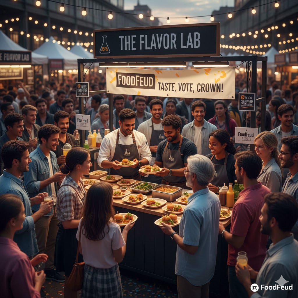 Customers at a FoodFeud event being served by restaurant staff, showing attraction of new customers.