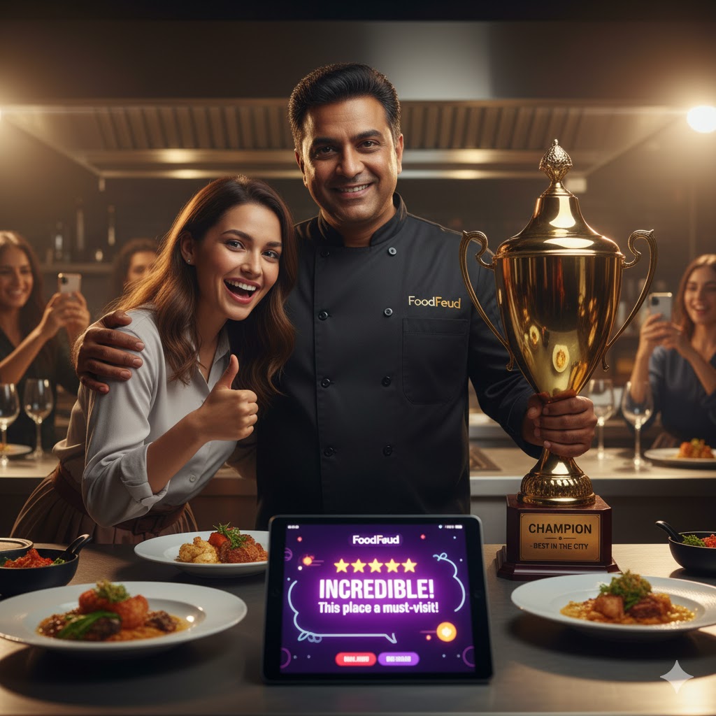 A proud chef next to a 'Best in the City' trophy, with a tablet showing positive customer reviews, emphasizing reputation.
