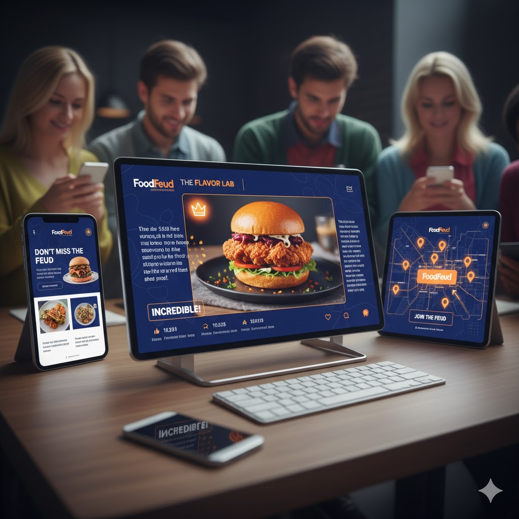 Multiple screens displaying social media posts, newsletters, and a map highlighting restaurant locations, showing increased visibility.
