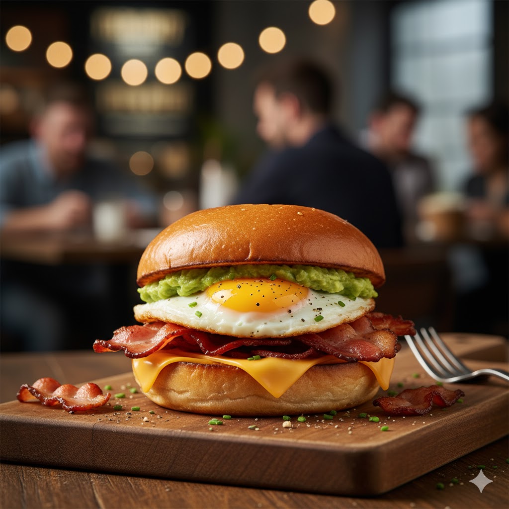 A perfectly assembled breakfast sandwich, featuring egg, bacon, and cheese.