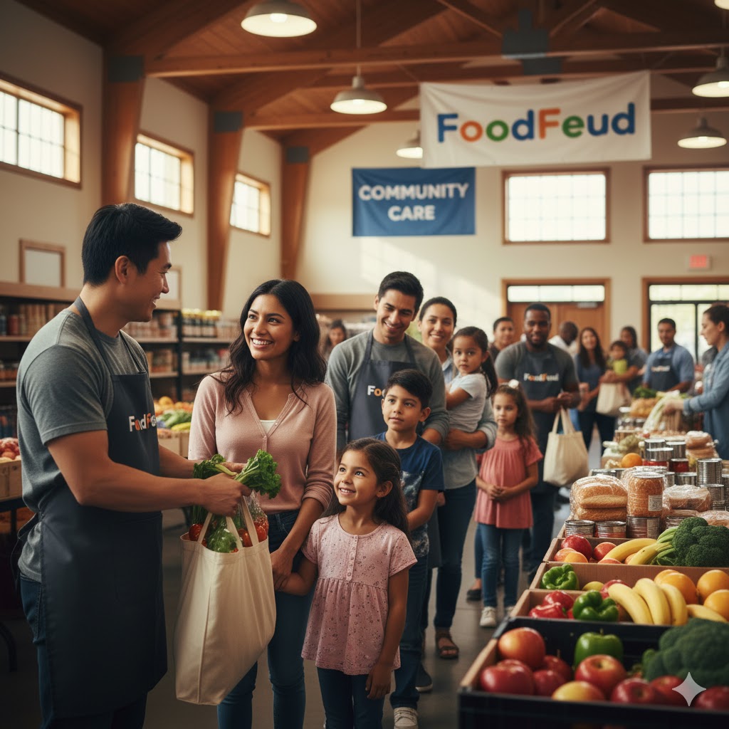 A family receiving food from a FoodFeud volunteer at a food bank distribution.