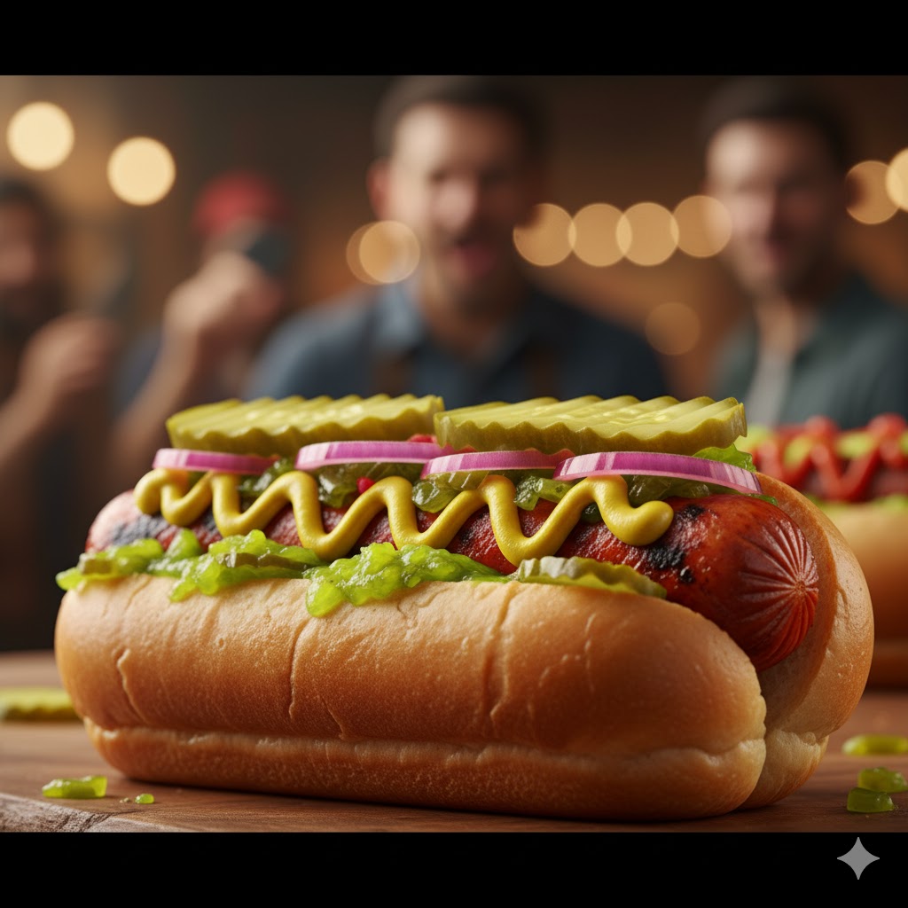 A gourmet hot dog, loaded with unique and colorful toppings.