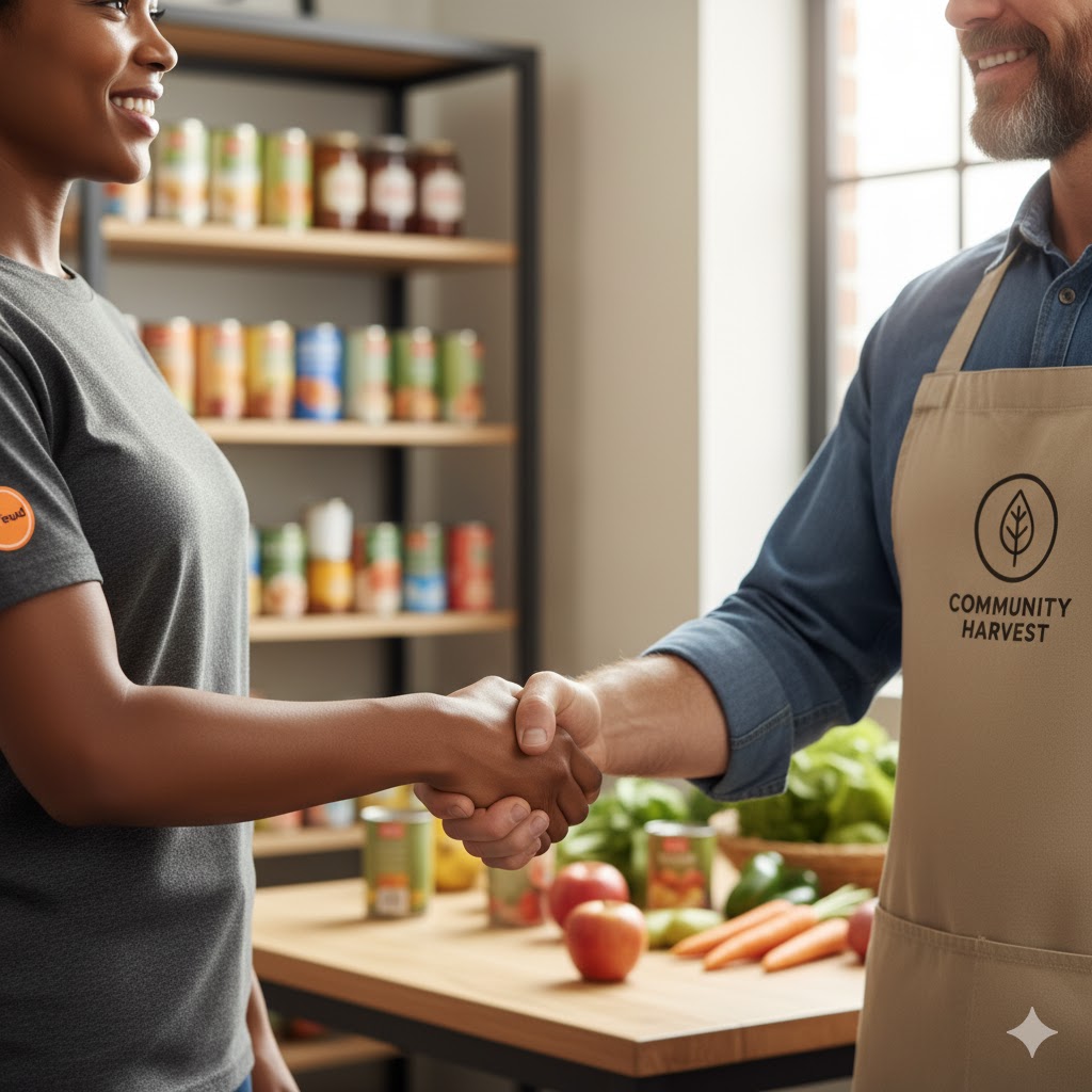 A handshake symbolizing a partnership between FoodFeud and a local charity.