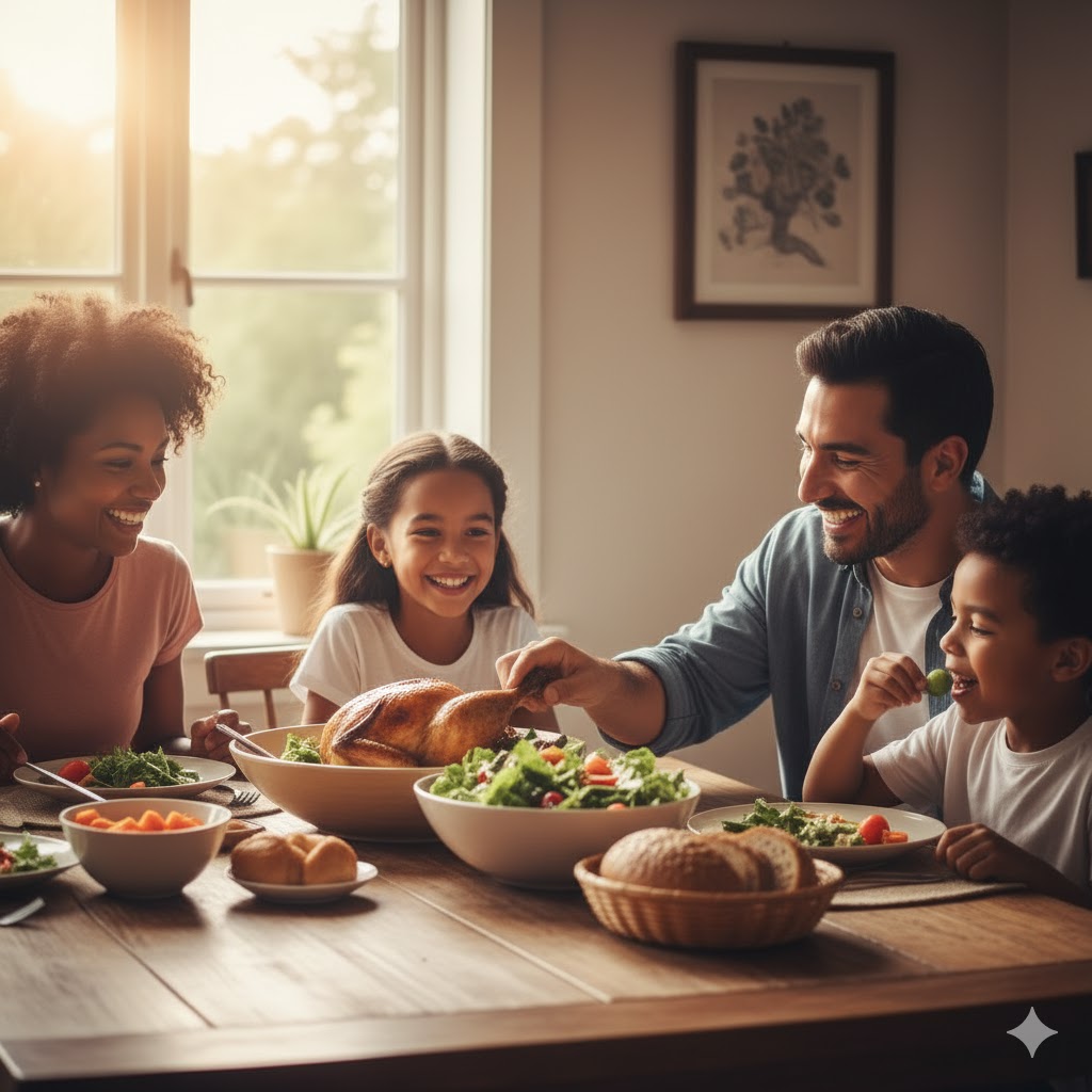 A happy family sharing a nutritious meal together at home.