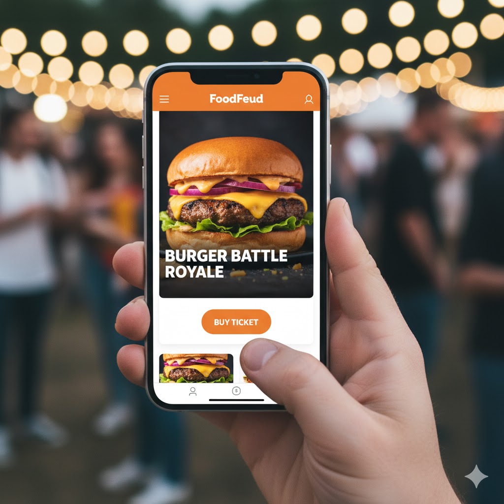 A person's hand holding a phone, buying a FoodPASS for a FoodFeud event.