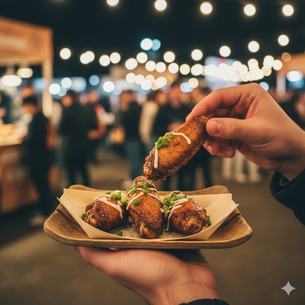 A first-person view of hands holding a sample plate of wings at a FoodFeud event.