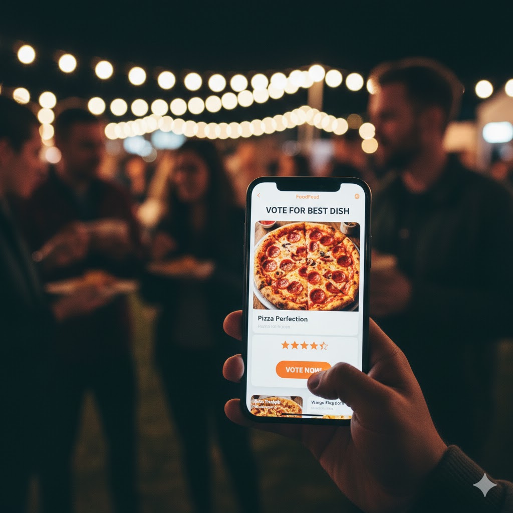 A person's hand holding a phone, voting for their favorite pizza on the FoodFeud app.