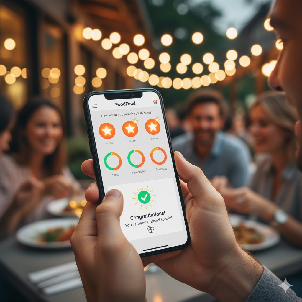 A customer using a phone to complete a fun, gamified survey for a prize drawing.