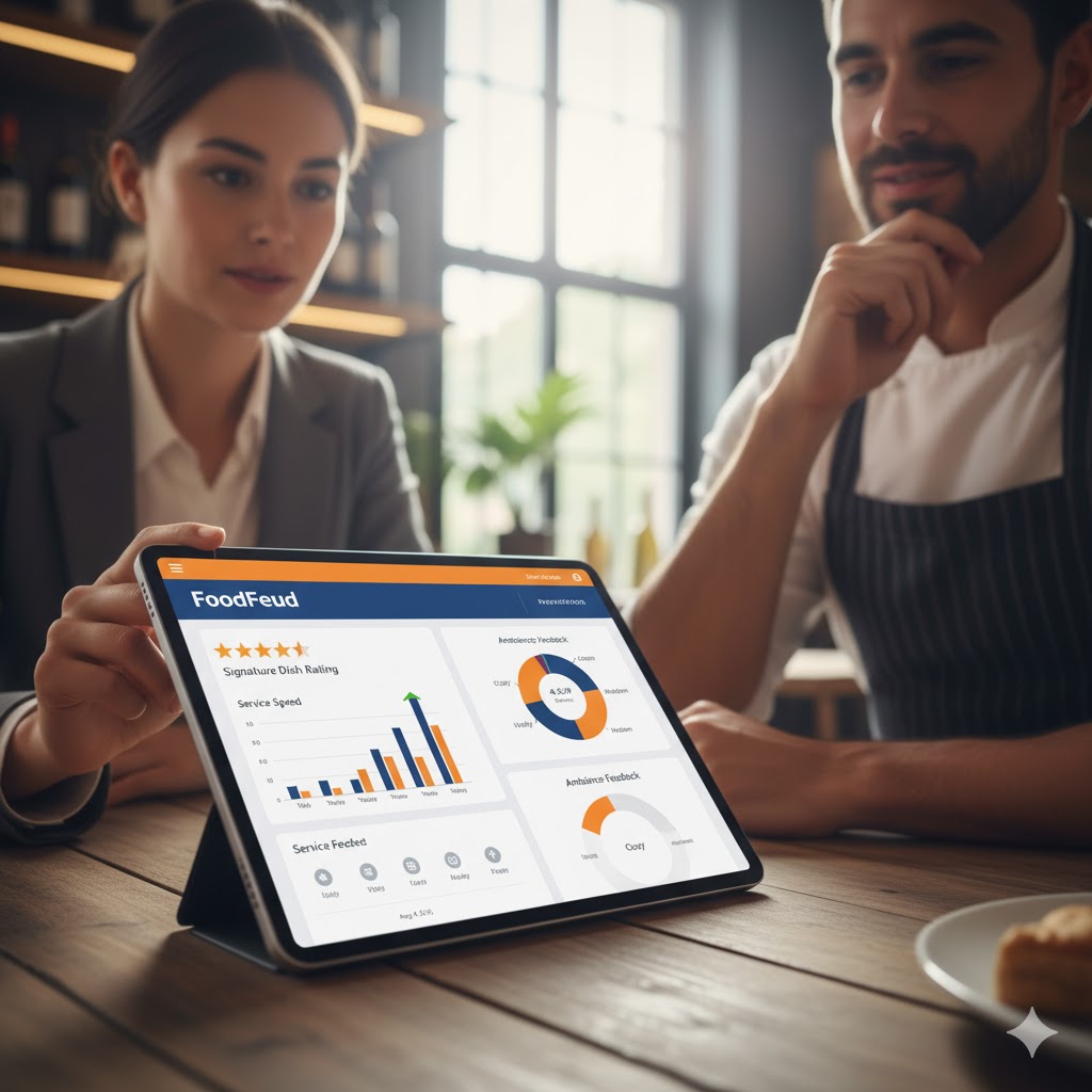 A close-up of a tablet showing a FoodFeud analytics dashboard with charts and ratings.