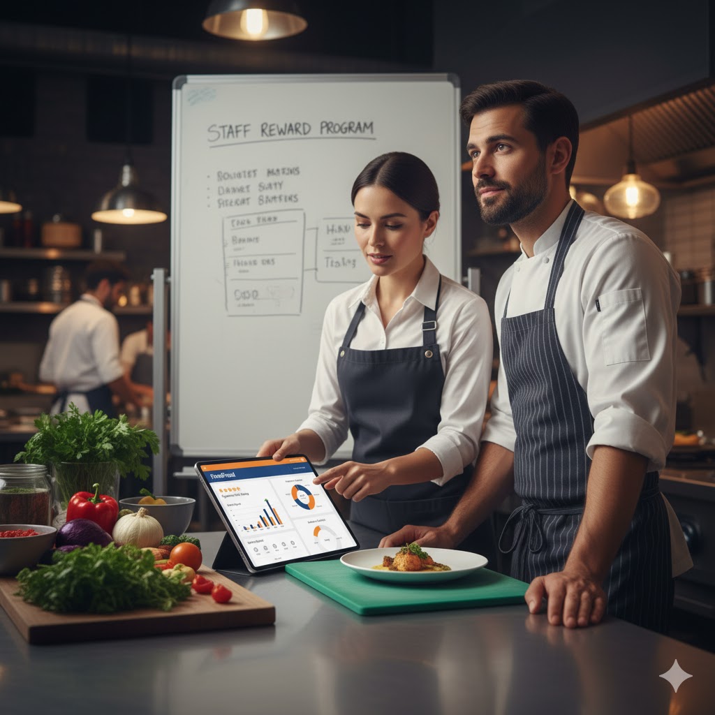 A restaurant manager and chef collaborating over a tablet showing FoodFeud analytics.