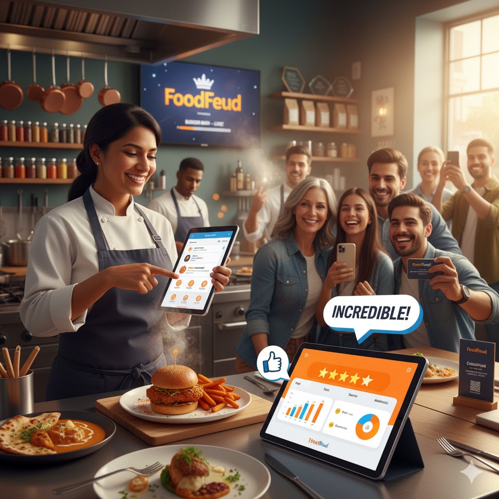 A chef looking at a tablet with a restaurant profile signup form.