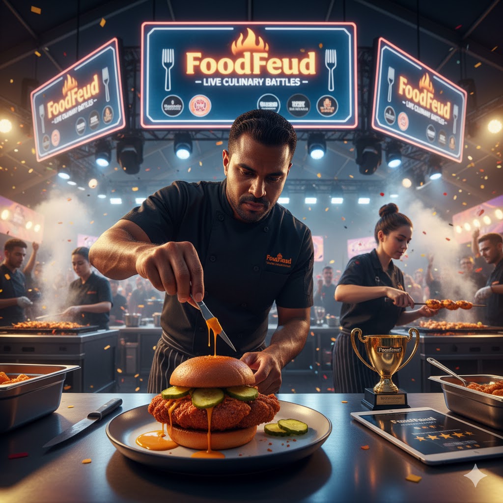 A chef plating a gourmet dish during a culinary competition.
